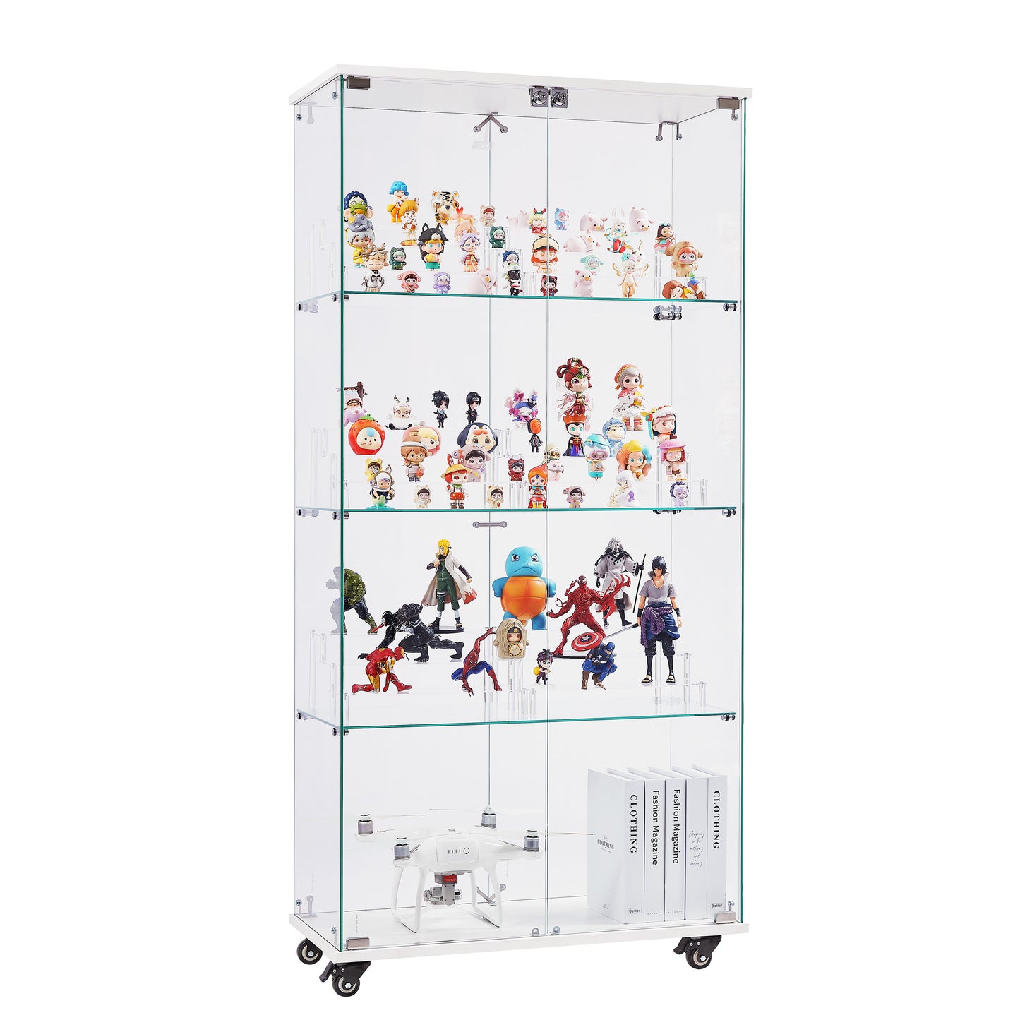 4 Tier Glass Display Cabinet, Double Door Glass Cabinet with Two Locks, Floor Standing Storage Cabinet with 6 Acrylic Shelves for Living Room, Bedroom and Office, White, 31.5"L x 14.2"W x 65.1"H