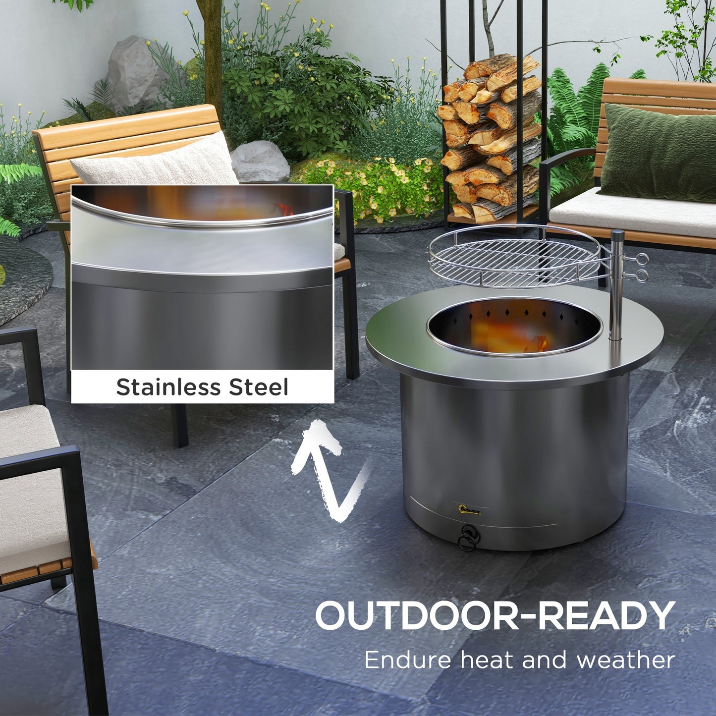 Outsunny 2-in-1 Smokeless Fire Pit, BBQ Grill, 25" Portable Wood Burning Firepit with Cooking Grate, Ash Tray & Poker, Low Smoke Camping Bonfire Stove for Patio Picnic, Stainless Steel, Silver