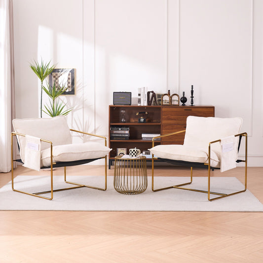 2 Chairs in 1 Box, Upholstered Hanging Armchair with Arm PocketsMetal frame, gold-plated craftsmanship, crushed foam cushions and skin-friendly woven fabric for living room and bedroom. Beige Livingsource