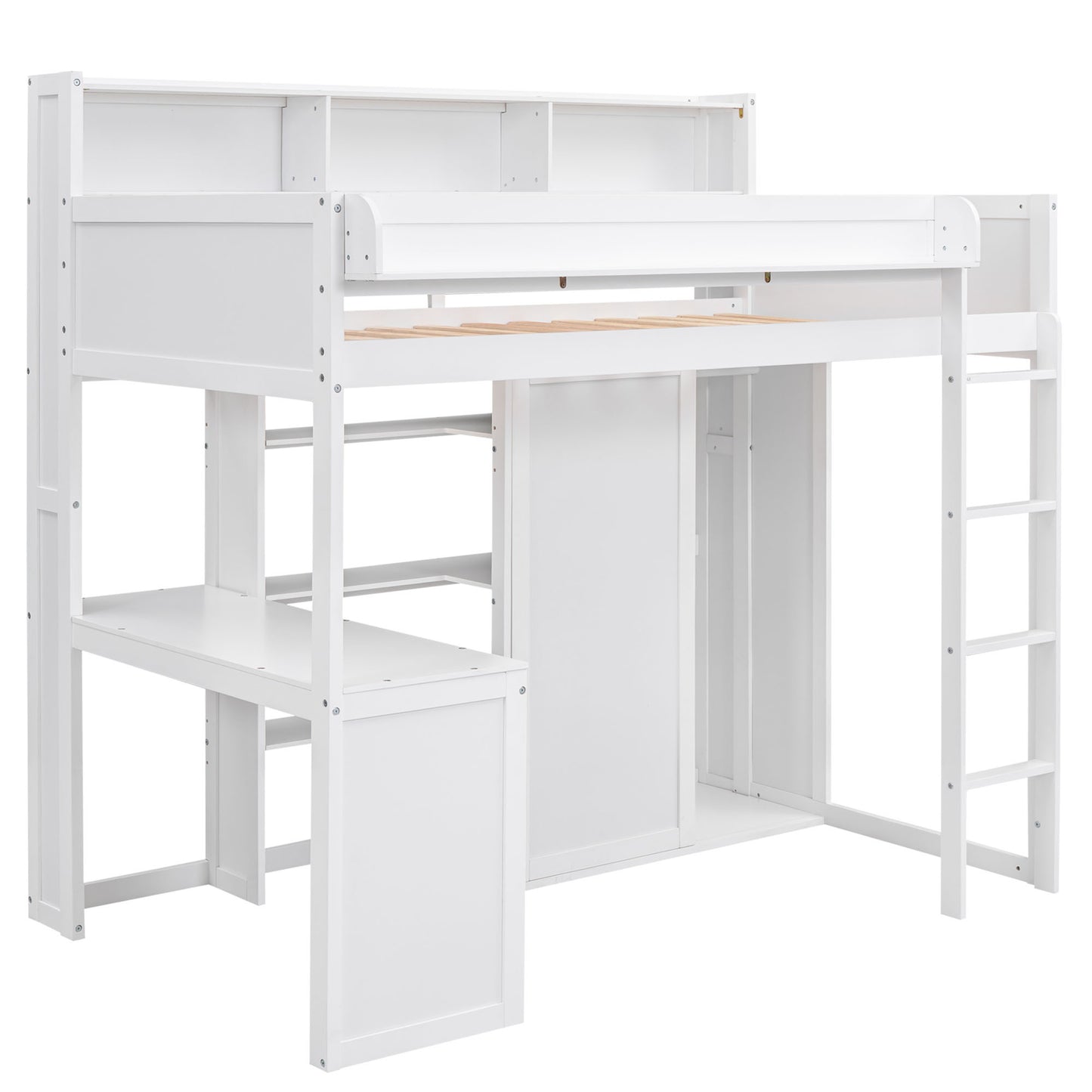 Wood Twin Size Loft bed with Multiple Storage Shelves and Wardrobe, White