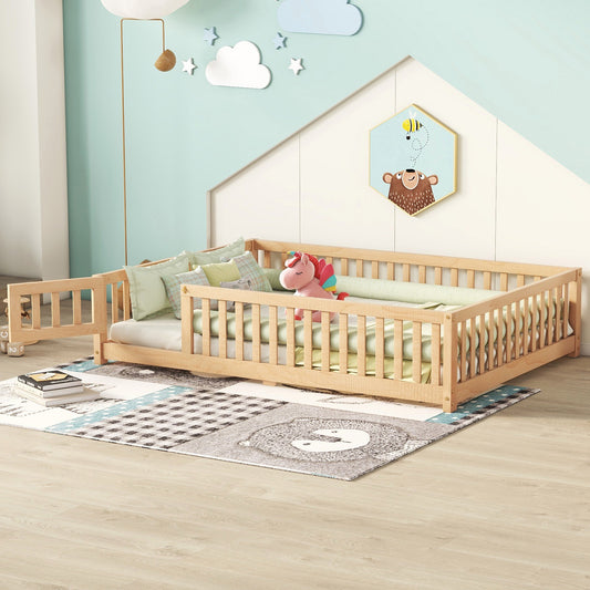 Full Size Bed Floor Bed with Safety Guardrails and Door for Kids, Natural(Old SKU: W158090693)