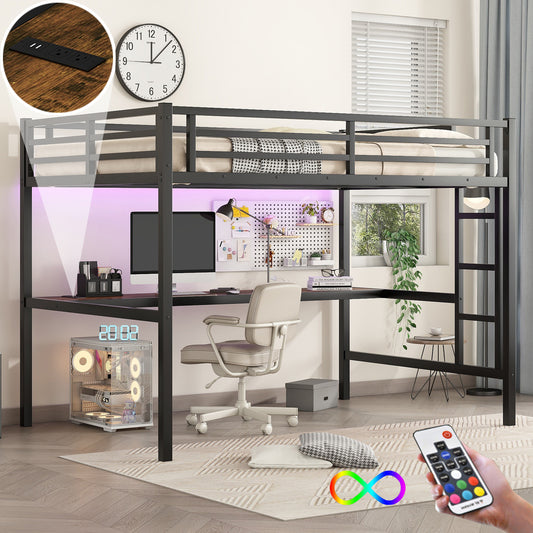 Metal Full XL Size Loft Bed  with Power Outlet and LED Lighted, Space-Saving, Noise Reduced, Black
