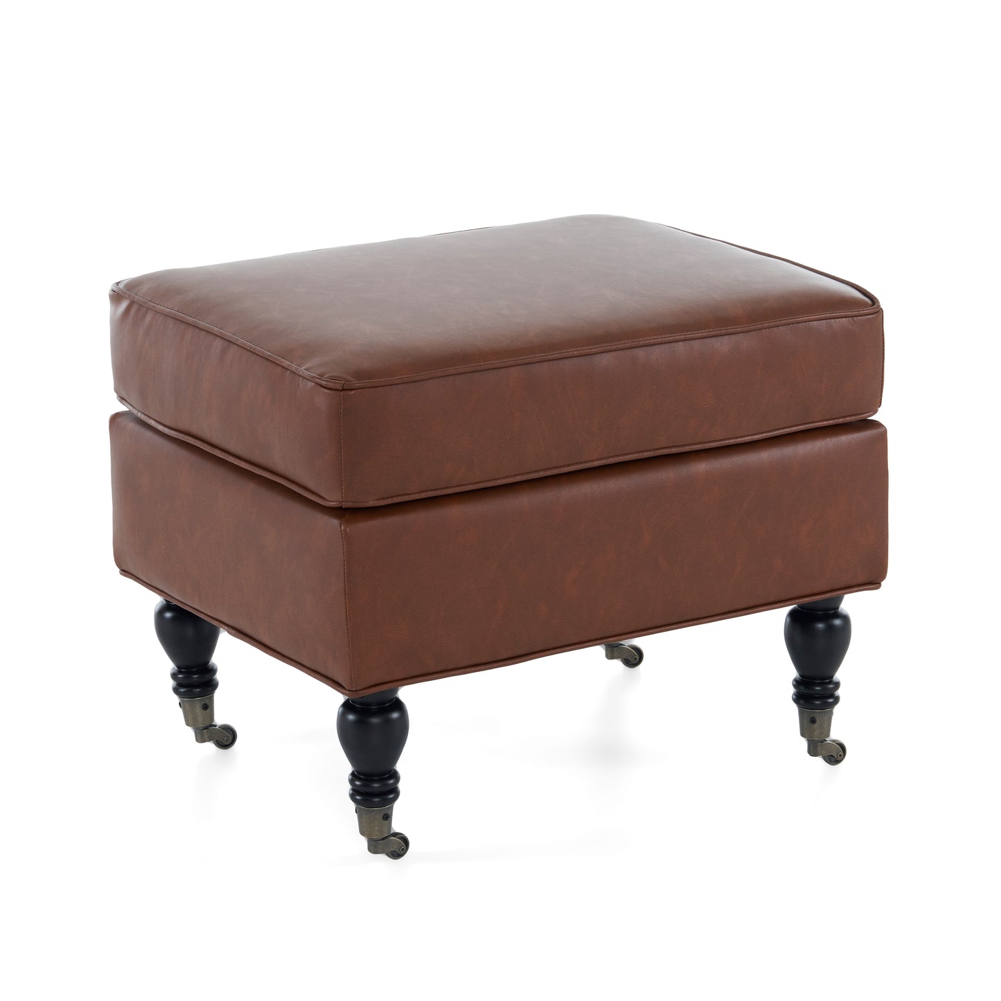 PU Leather Ottoman with Solid Wood Legs and Casters, Brown