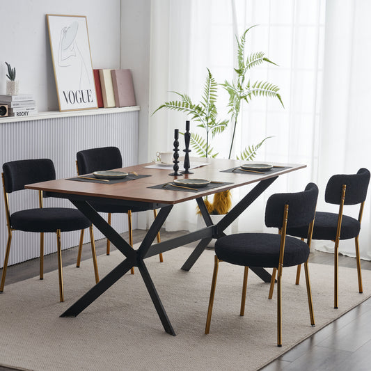 Set of 4mid-century modern dining chairs - Teddy fabric upholstery - Curved back - Metal frame - Black   Elegant and comfortable kitchen chairs