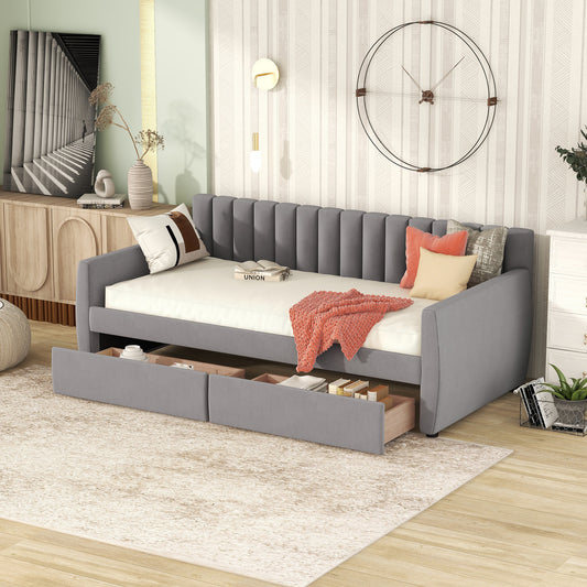 Twin Size Upholstered daybed with Drawers, Wood Slat Support, Gray - SolidRoot Buy Furniture USA