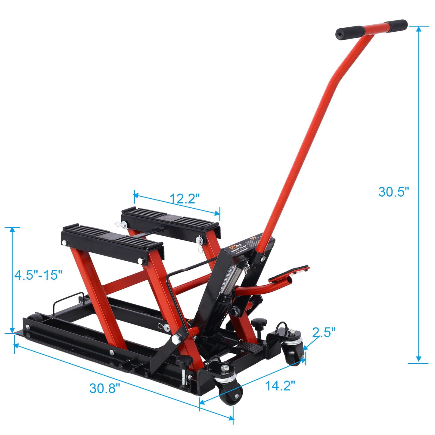 Hydraulic Motorcycle Lift Jack, 1500 LBS Capacity ATV Scissor Lift Jack, Portable Motorcycle Lift Table with 4 Wheels, Hydraulic Foot-Operated Hoist Stand for Motorcycle ATV UTV with tie down