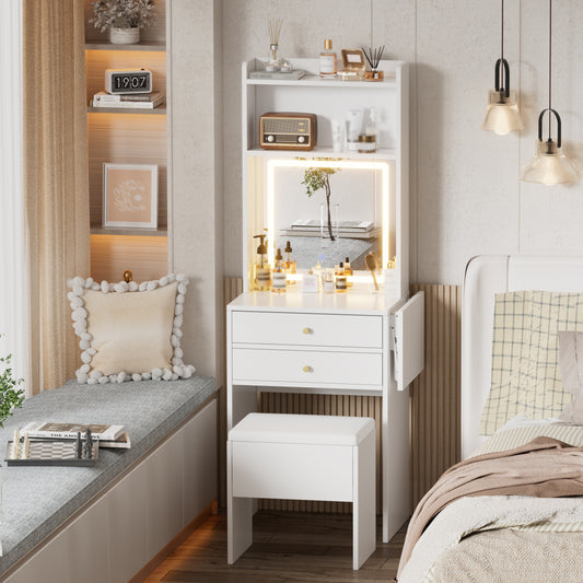 Small Space Vanity Table Set with 3 Adjustable Lighted Mirror and Storage Chair, Makeup Vanity Table for Small Space, White Dressing Table with Fold-up Panel for Bedroom - SolidRoot Buy Furniture USA
