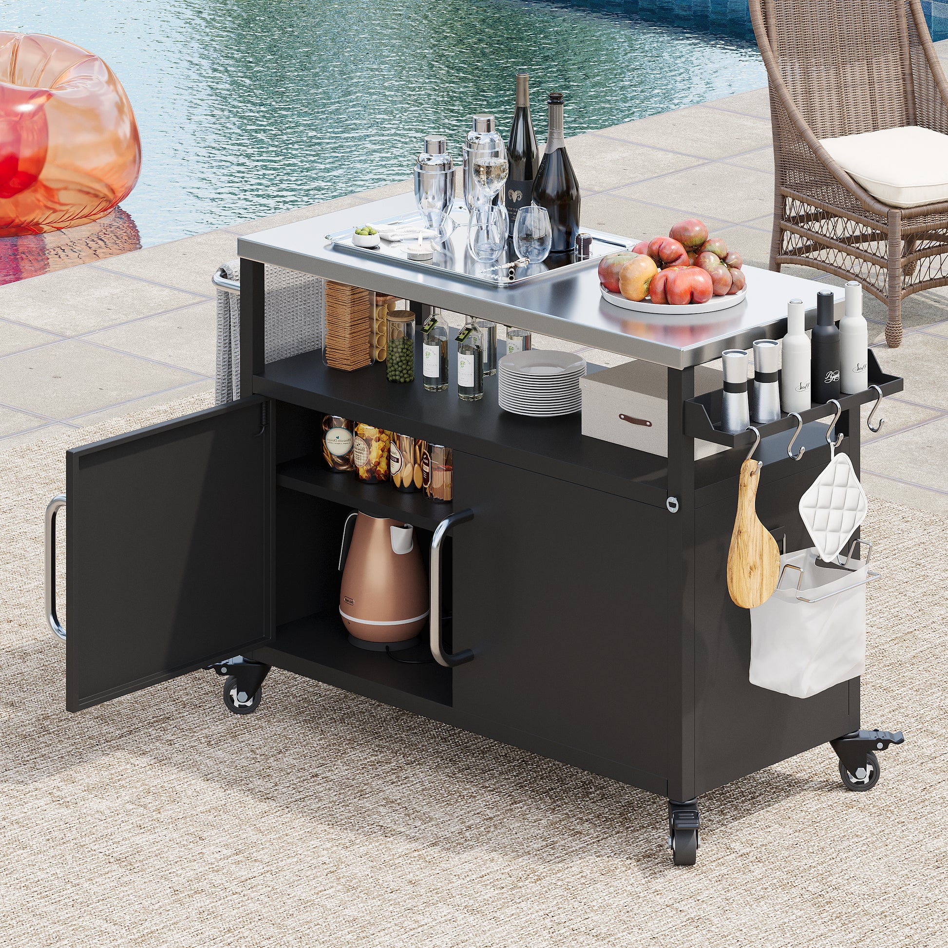 K&K 54.5' Outdoor Kitchen Island with Stainless Steel Tabletop, Metal Grill Cart Table with Storage Cabinet, Spice Rack and Towel Rack, Outdoor Bar Cart with 4 Lockable Wheels for Outside BBQ SolidRoot Buy Furniture USA