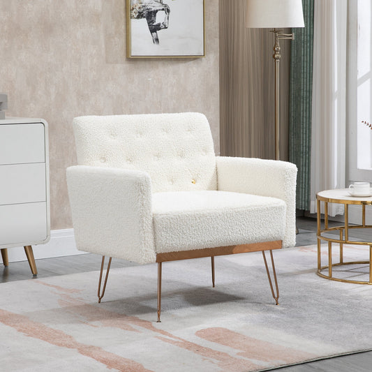 COOLMORE  Armchair Single Sofa Modern Tufted Upholstered Side Reading Chairs with Arm and Gold Metal Leg for Living Room Bedroom (White teddy ) Livingsource