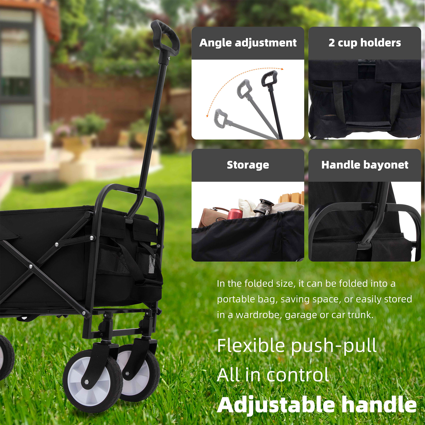 Minimeetall Multi-use Bag Collapsible Foldable Wagon Cart Beach Wagon Heavy Duty Utility Cart Utility Wagon Grocery Cart for for Camping ,3pcs  plastic Liner bag /Cover ,black