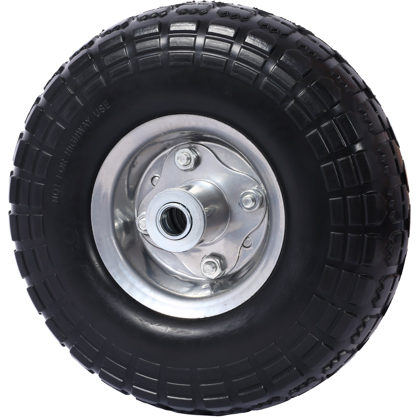 Heavy-Duty Flat free PU foam Tire and Wheel - 4.10/3.50-4",  10" Diameter, 5/8" Axle Bore Hole, 2.2" Offset Hub and Double Sealed Bearings for Hand Trucks Replacement, Black color with silver rim