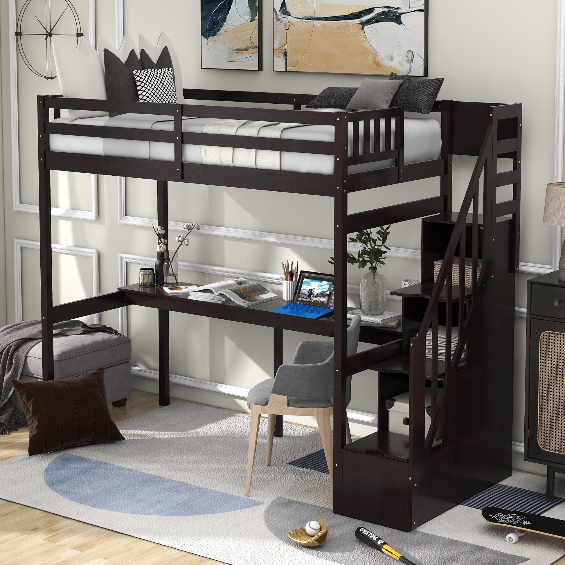 Twin Size Loft Bed with Storage Staircase and Built-in Desk, Espresso (Old SKU:GX000903AAP) - SolidRoot Buy Furniture USA