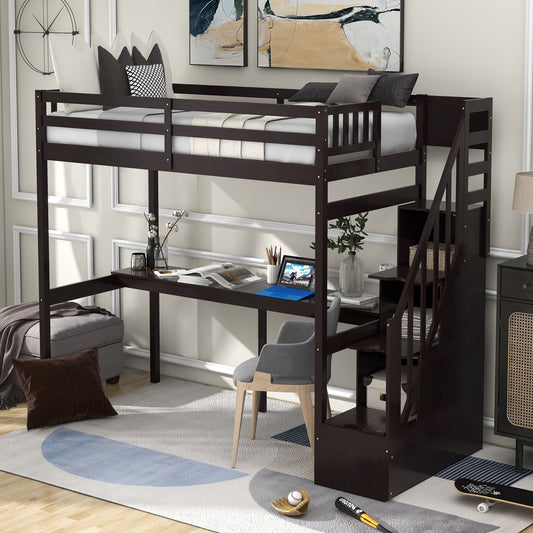 Twin Size Loft Bed with Storage Staircase and Built-in Desk, Espresso (Old SKU:GX000903AAP) - SolidRoot Buy Furniture USA