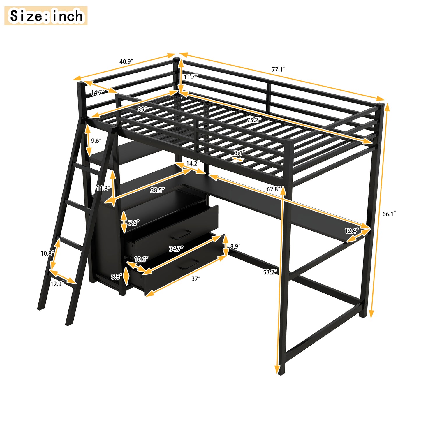 Twin Size Metal&Wood Loft Bed with Desk and Shelves, Two Built-in Drawers, Black