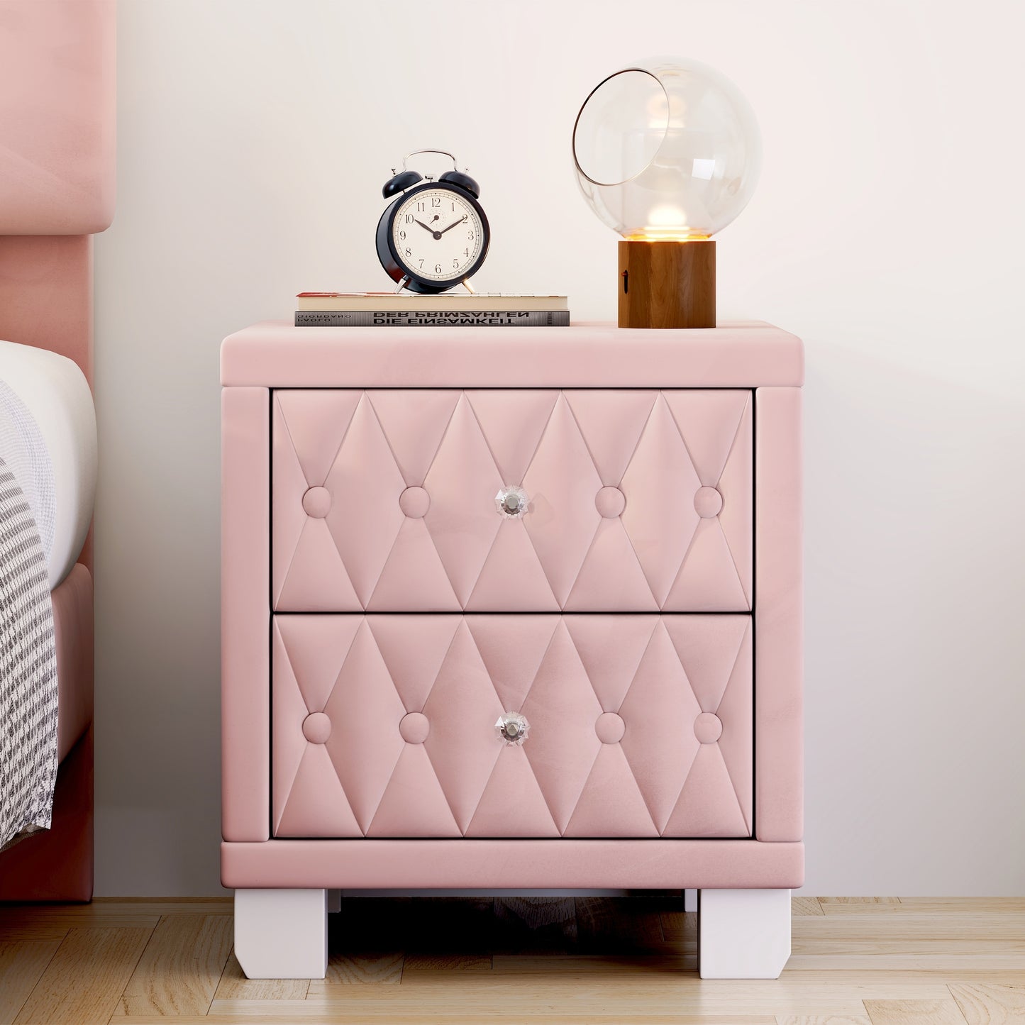 Elegant Velvet Nightstand with 2 Drawers and Crystal Handle, Storage Bedside Table with Button-Tufted, Pink