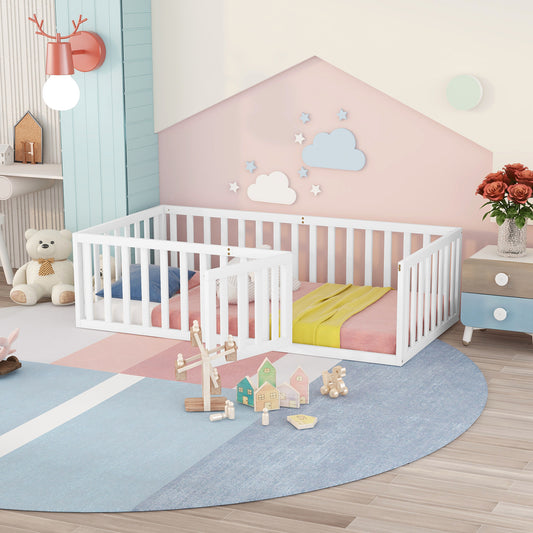 Twin Size Wood Floor Bed Frame with Fence and Door, White(OLD SKU :WF289661AAK) - SolidRoot Buy Furniture USA