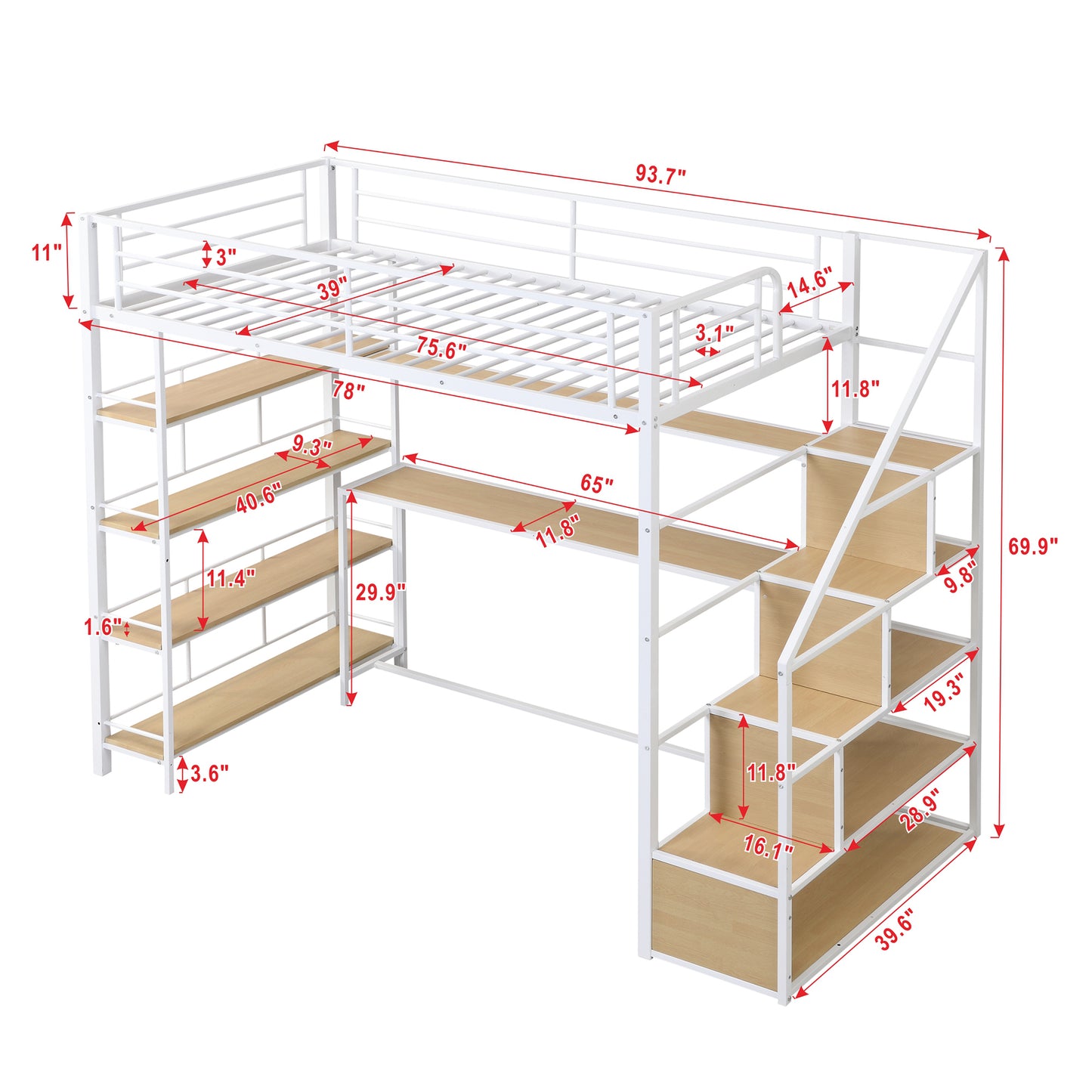 Twin Size Metal Loft bed with Staircase, Built-in Desk and Storage Shelves, White