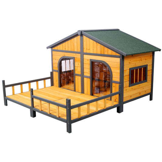 Wooden Large Dog House Outdoor Double XL Dog Kennel with Elevated Floor and Porch, Weatherproof Puppy Shelter for Small and Medium Breed Dogs, Natural Livingsource