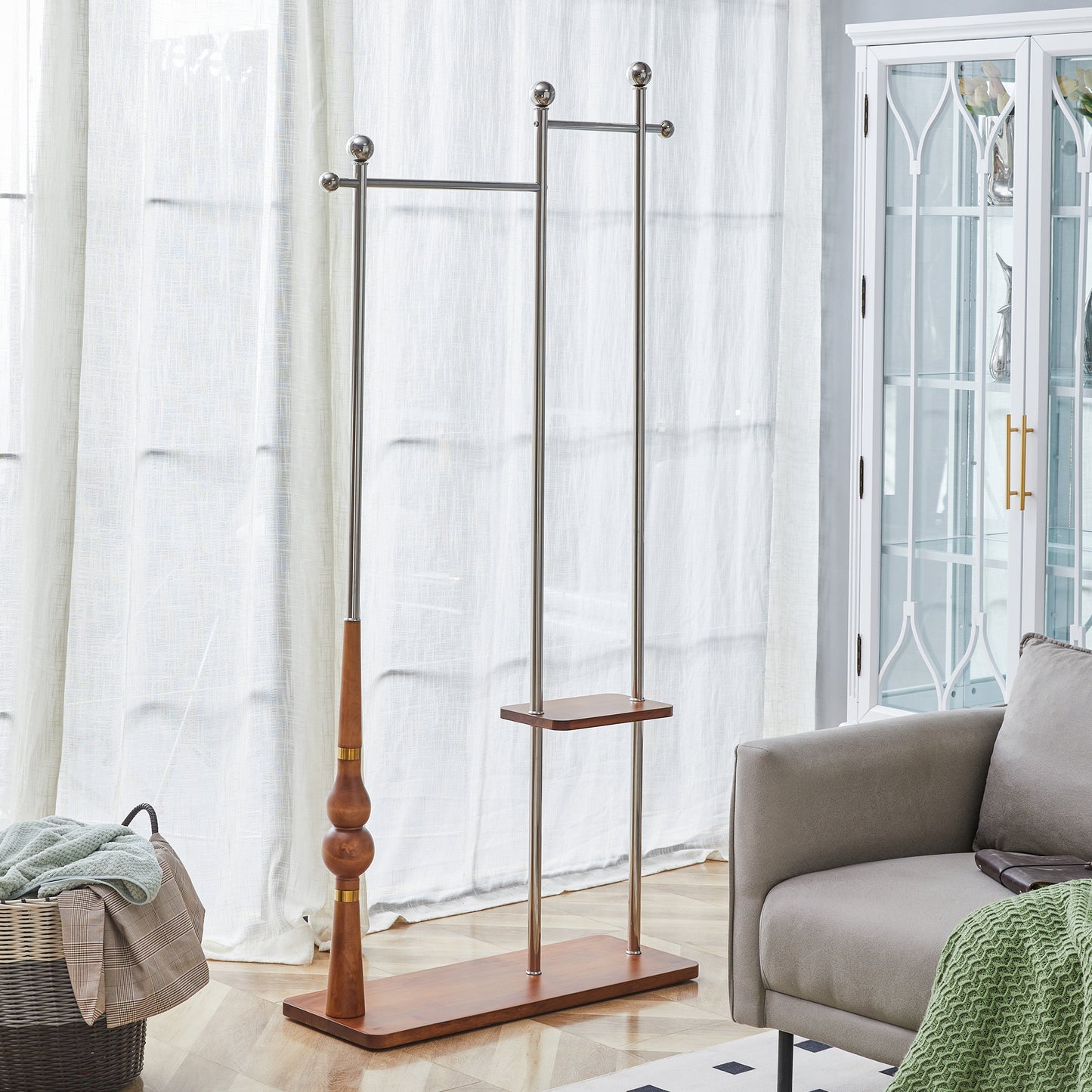 70' Industrial Coat Rack, Solid Wood & Silver Stainless Steel Clothing Rack, Double Layer Hanger for Coats, Hats, Bags, Shoes, Vintage Wood Grain (34.6' Wide) SolidRoot Buy Furniture USA