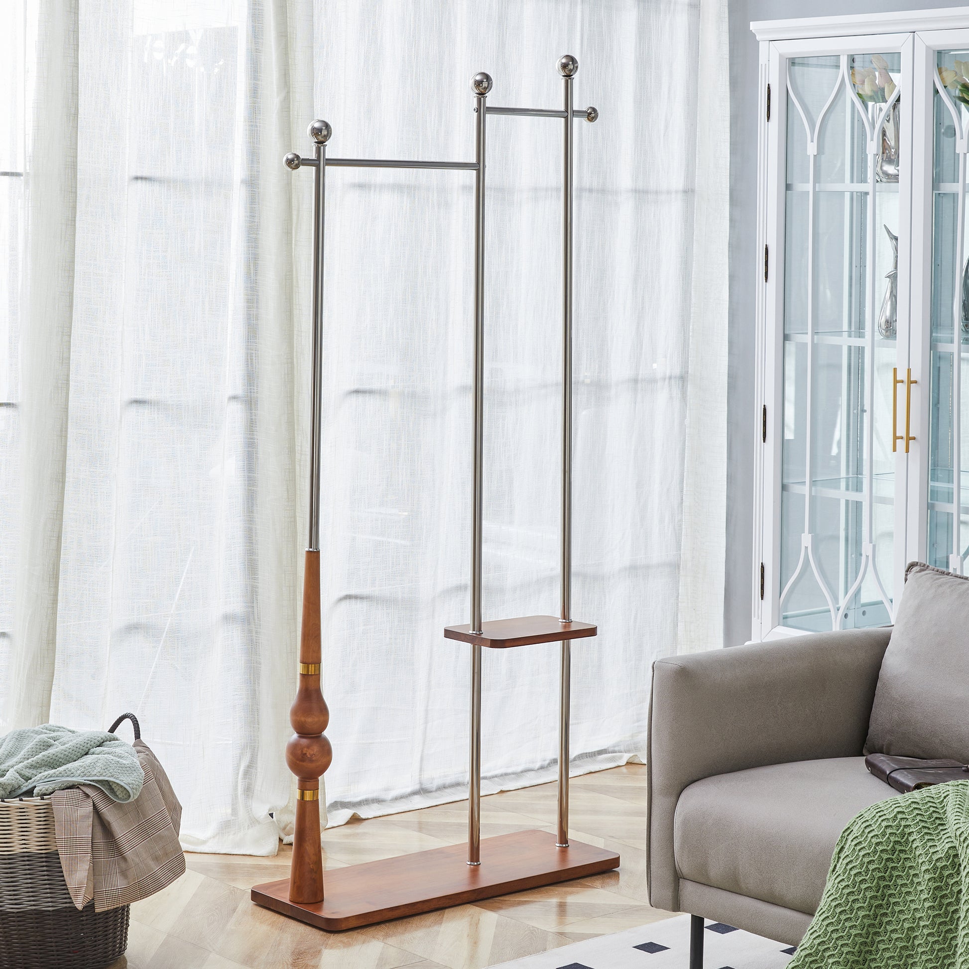 70' Industrial Coat Rack, Solid Wood & Silver Stainless Steel Clothing Rack, Double Layer Hanger for Coats, Hats, Bags, Shoes, Vintage Wood Grain (34.6' Wide) SolidRoot Buy Furniture USA