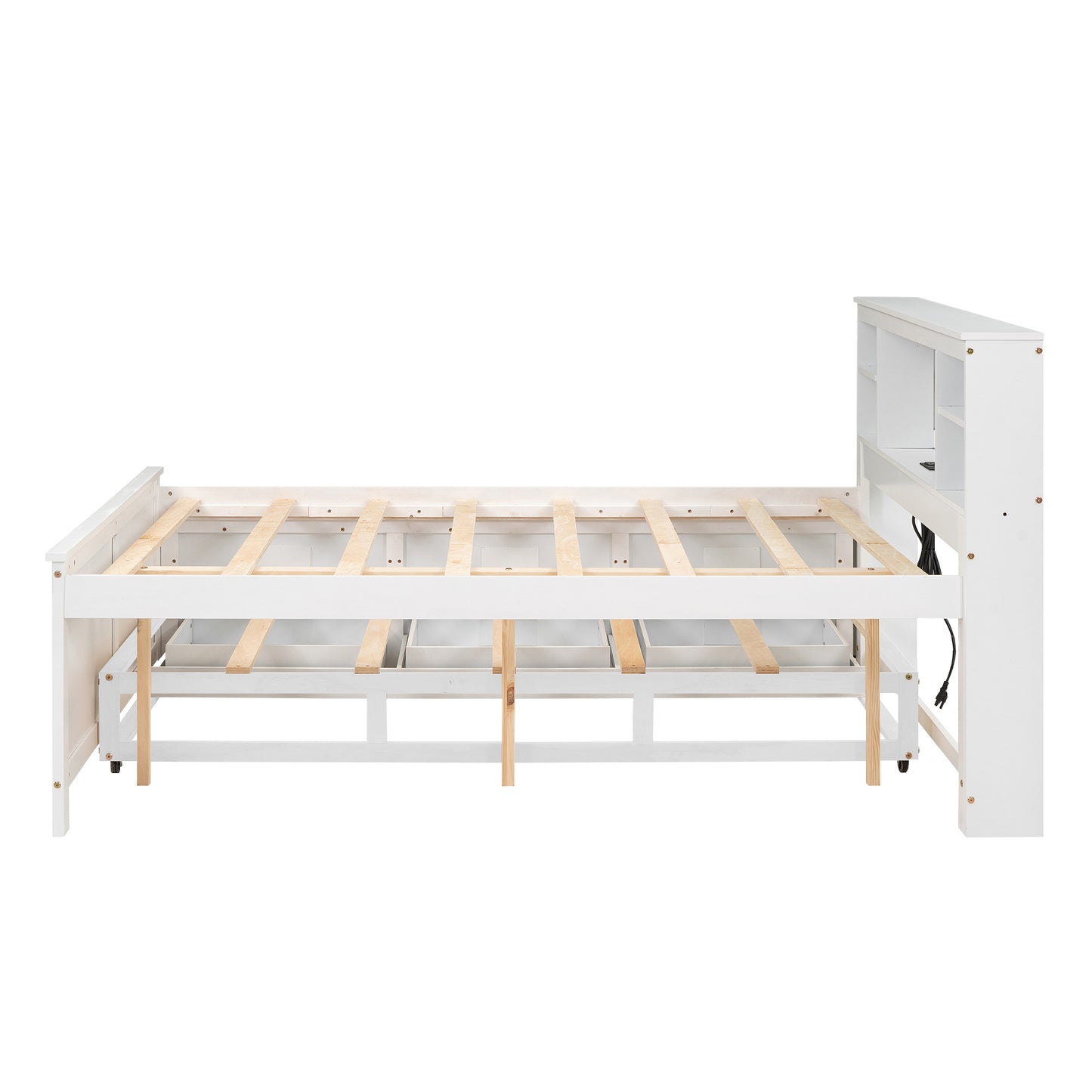 Full Size Platform Bed with Storage Headboard, USB, Twin Size Trundle and 3 Drawers, White