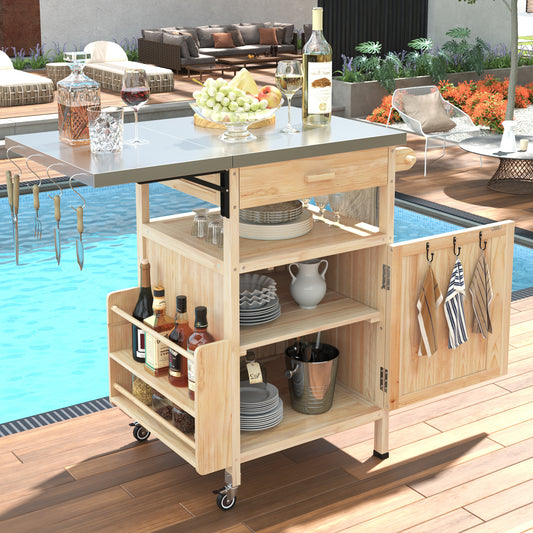 K&K 40.5' Outdoor Grill Cart with Stainless Steel Top, Solid Wood Outdoor Storage Cabinet with Drop Leaf, One Drawer, Towel Rack, Rolling Kitchen Cart with Lockable Wheels for Lawn Garden, Natural SolidRoot Buy Furniture USA