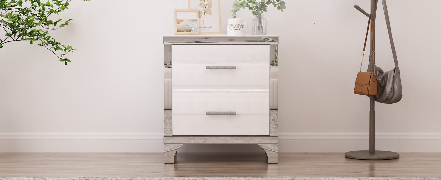 Elegant High Gloss Nightstand with Metal Handle,Mirrored Bedside Table with 2 Drawers for Bedroom,Living Room,White