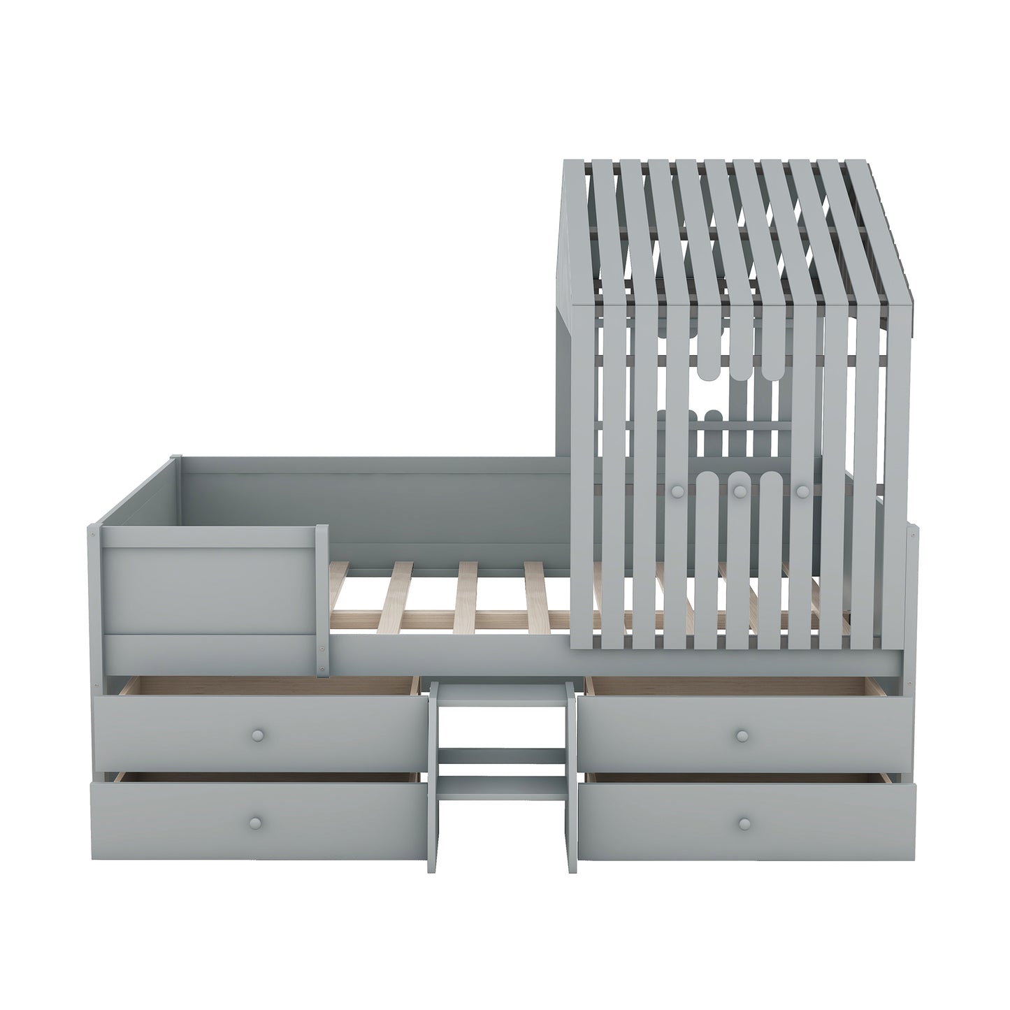 Full Size House Low Loft Bed with Four Drawers,Gray