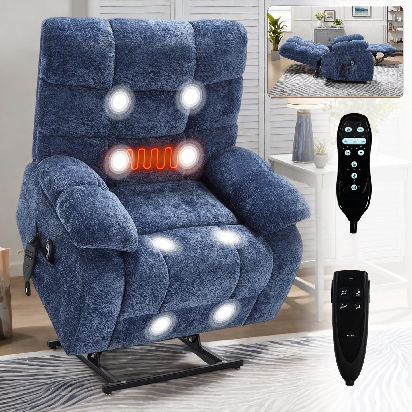Lift Recliner Chair Heat Massage Dual Motor Infinite Position Up to 350 LBS Large Electric Power Lift Recliners with Power-Remote, Medium-firm and Heavy duty, Blue SolidRoot Buy Furniture USA