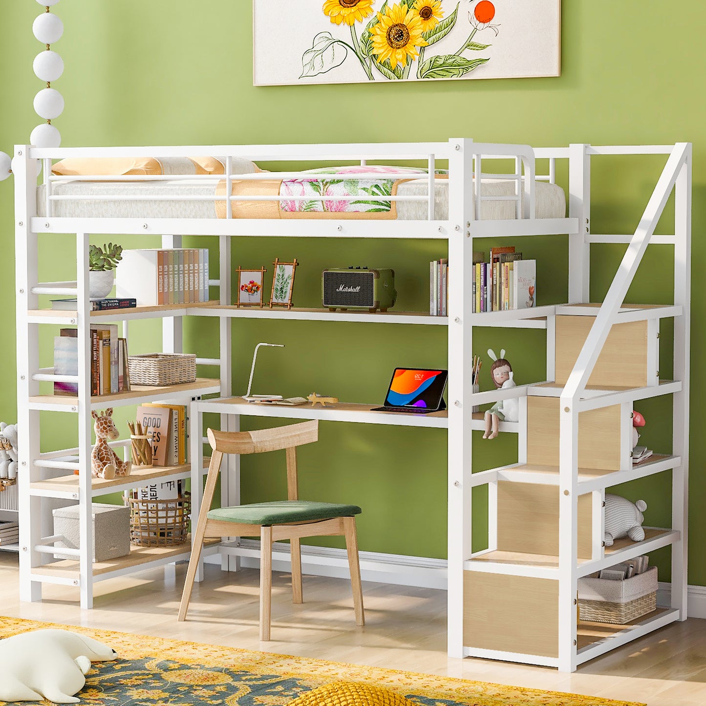 Twin Size Metal Loft bed with Staircase, Built-in Desk and Storage Shelves, White