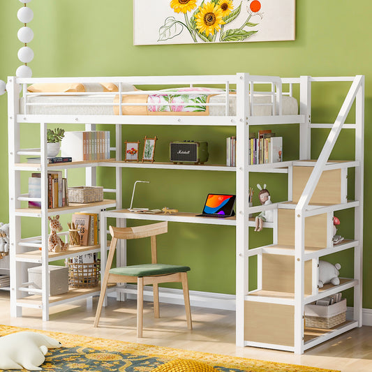 Twin Size Metal Loft bed with Staircase, Built-in Desk and Storage Shelves, White