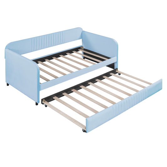 Upholstered Daybed Sofa Bed Twin Size With Trundle Bed and Wood Slat, Light Blue - SolidRoot Buy Furniture USA