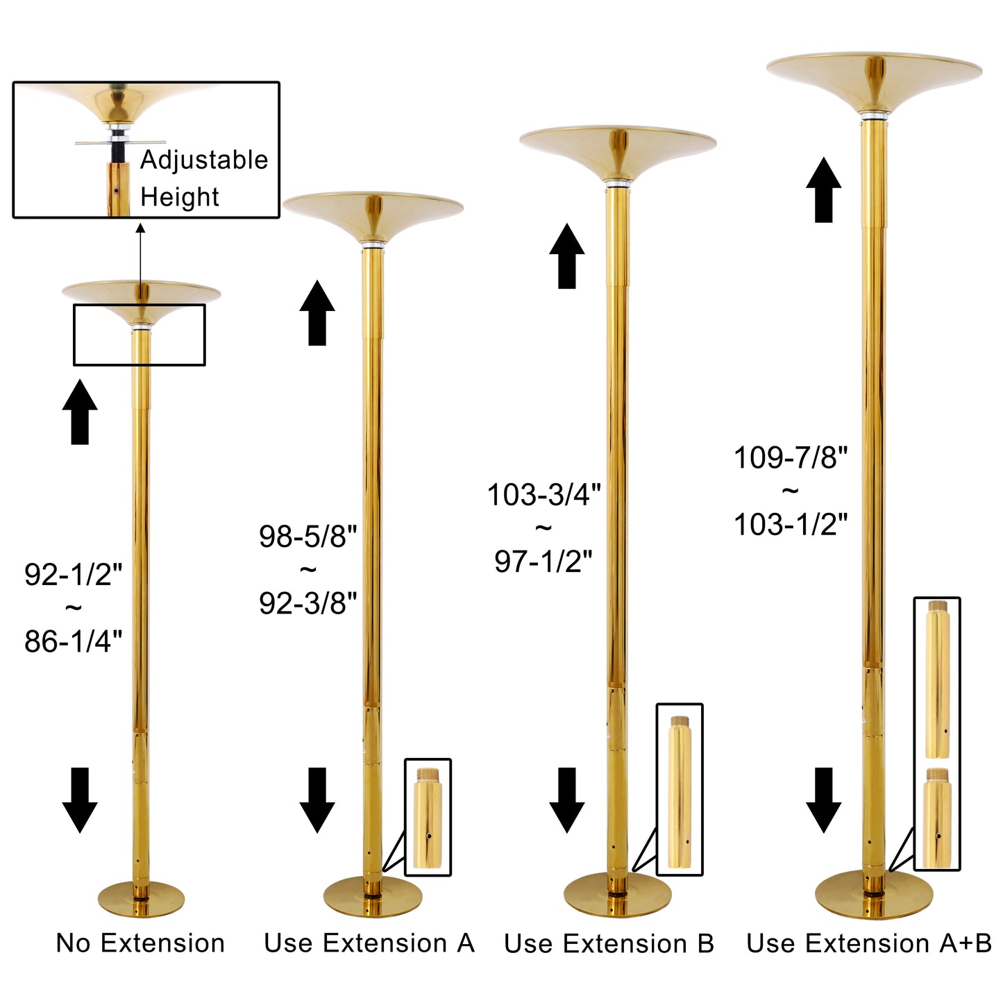 Dance Pole Spinning Static Dancing Pole Portable Removable for Home Club Bar Gym 86.2-109.8" Height Adjustable  Weight Capacity 440lb Gold