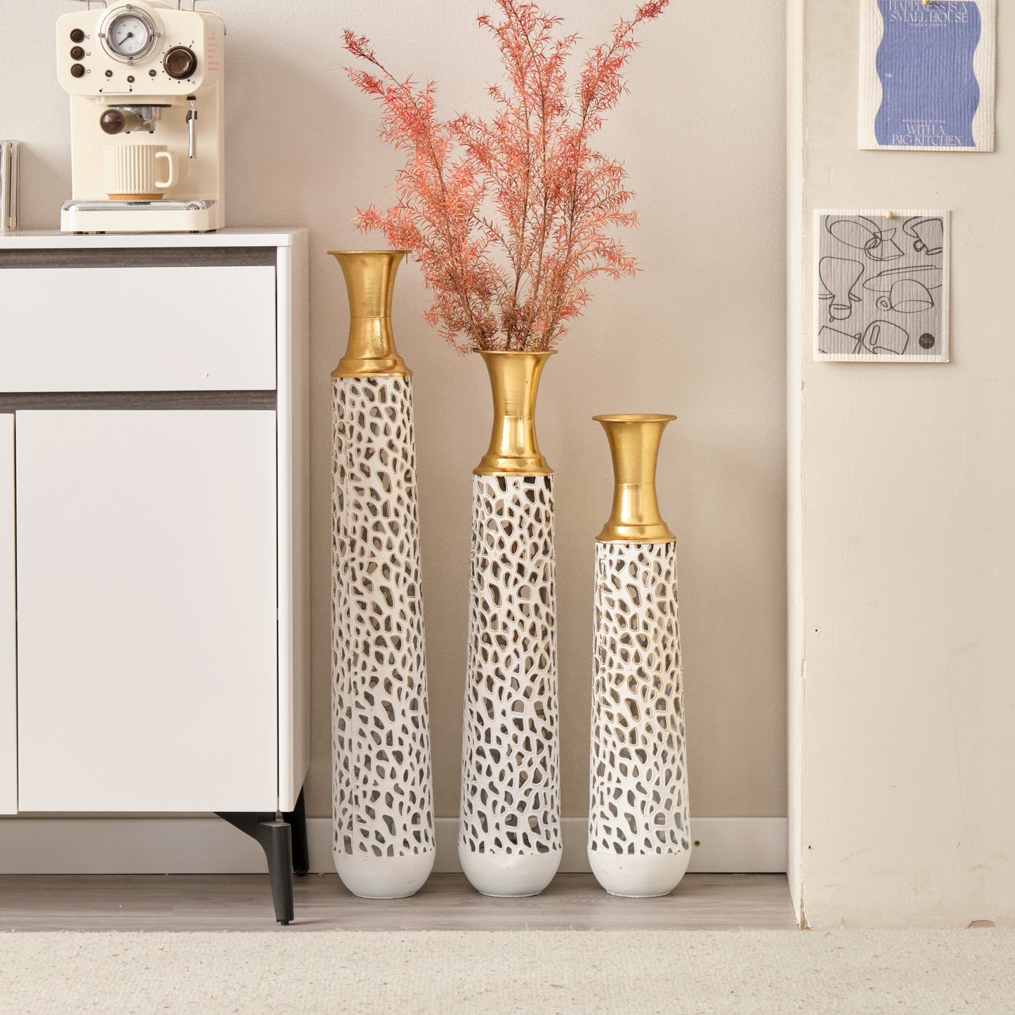 Floor Metal Vases Decorated White Metal vases Set of 3 gorgeous home decoration large glazed metal vases 25.5in/29in/34in height