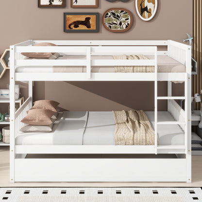 Full Over Full Rubber Wood Bunk Bed with Trundle, Ladder and Guardrails, Convertible to 2 Full Size Beds, with Twin Size Trundle,White SolidRoot Buy Furniture USA