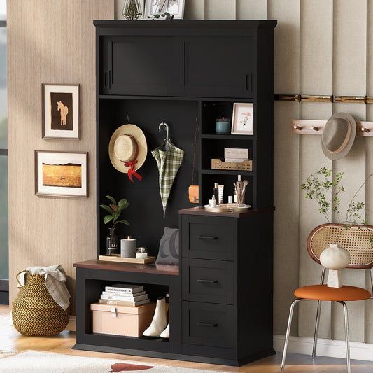 U-Can Modern Entryway Bench with Coat Rack, 3 Shelves and Drawers, 3 Sturdy Hooks, 40.2'' Wide Hall Tree with Storage Bench for Hallway, Entryway, Living Room
