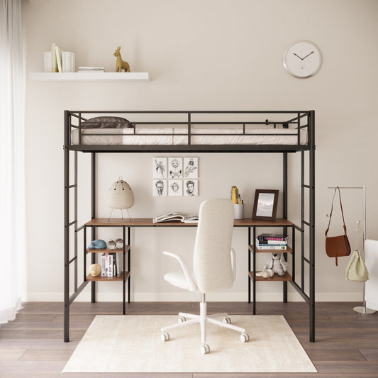 Twin-size Loft Bed with Table & Shelves/ Heavy-duty Sturdy Metal/ Built-in Table & Shelves/ Noise Reduced/ Safety Guardrail/ 2 Side Ladders/ CPC Certified/ No Box Spring Needed SolidRoot Buy Furniture USA