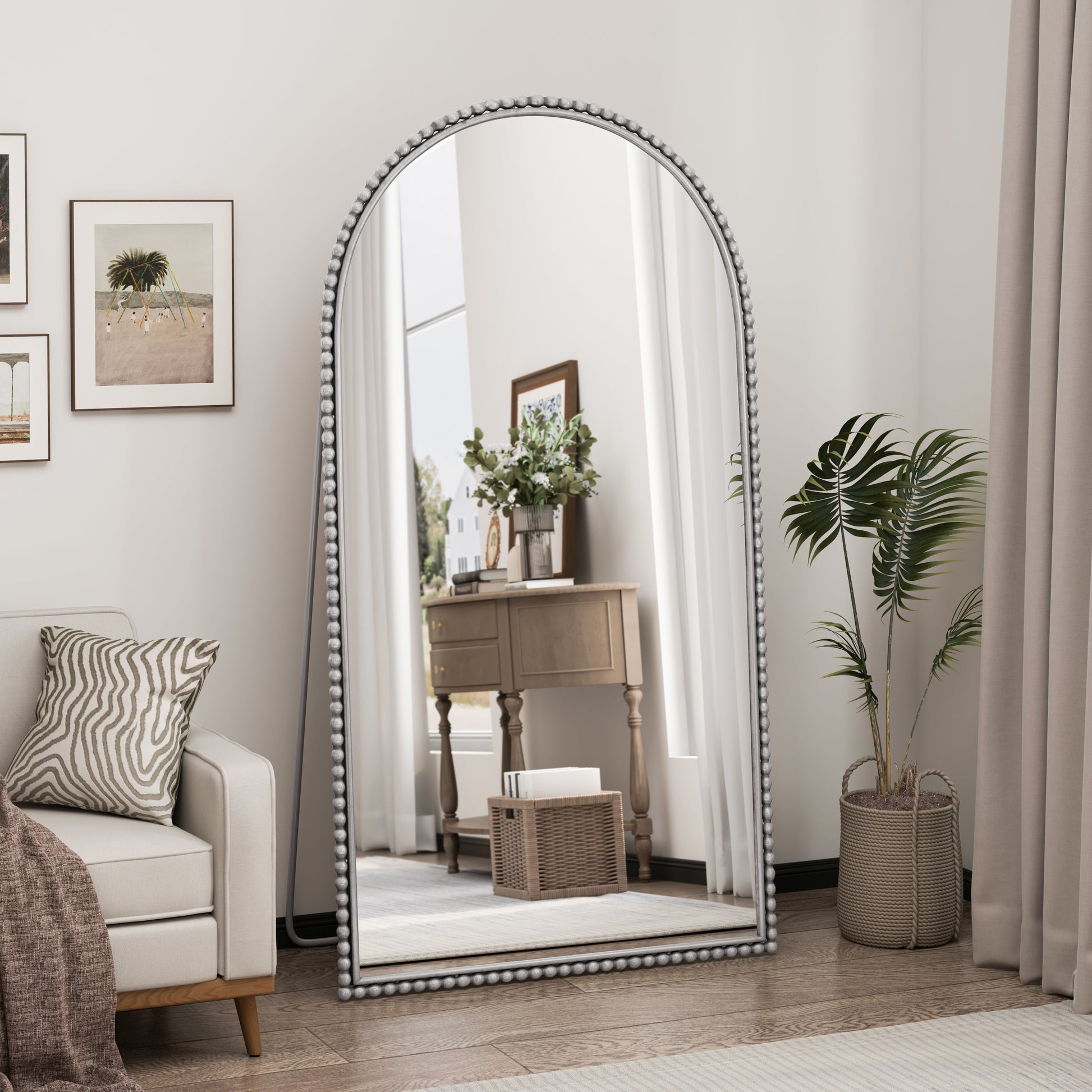 Iron Arch Retro Full Length Mirror With Supporting Feet, For Living Room, Bedroom (Silver) SolidRoot Buy Furniture USA