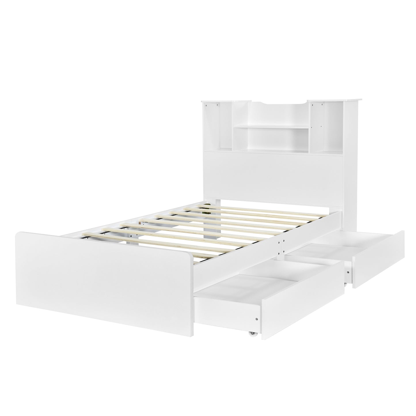 Twin Size Storage Platform Bed Frame with 4 Open Storage Shelves and 2 Storage Drawers,LED Light,White