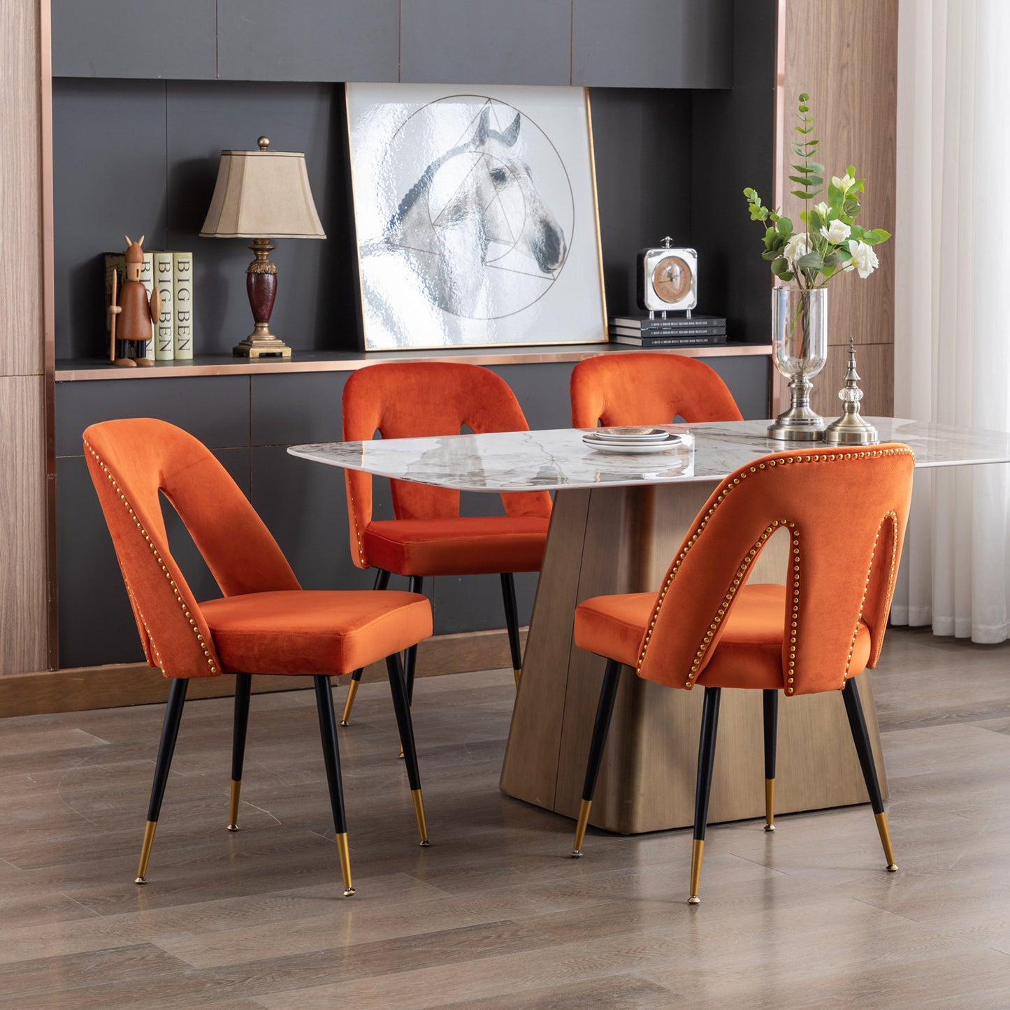 A&A Furniture,Akoya Collection Modern | Contemporary Velvet Upholstered Dining Chair with Nailheads and Gold Tipped Black Metal Legs, Orange，Set of 2