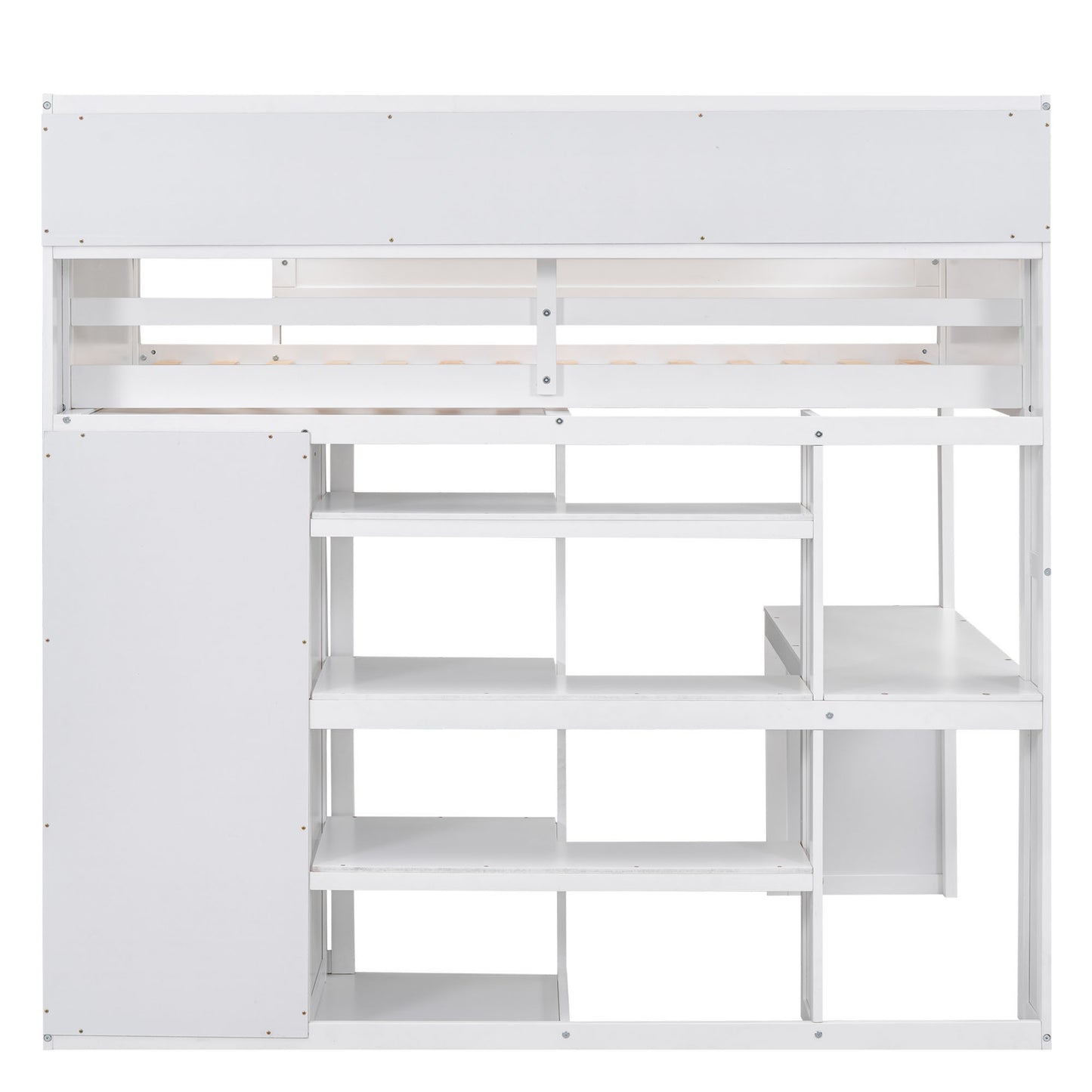 Wood Twin Size Loft bed with Multiple Storage Shelves and Wardrobe, White