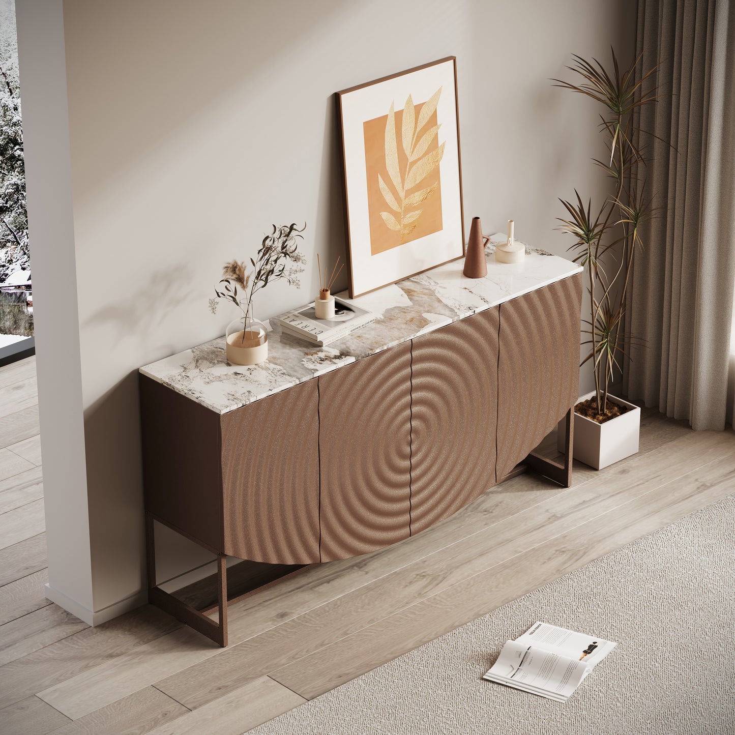 Unique 3 D wave texture sideboard, marble-like sticker counter top, modern luxury style, multi-functional living room and dining room storage sideboard buffet cabinet