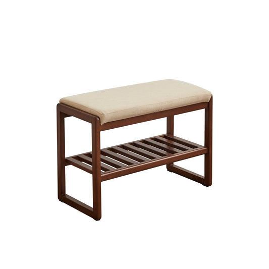 (Walnut Color) Solid Wood Shoe Bench, Beech Wood Storage Rack Organizer with High Rebound Sponge Cushion Livingsource