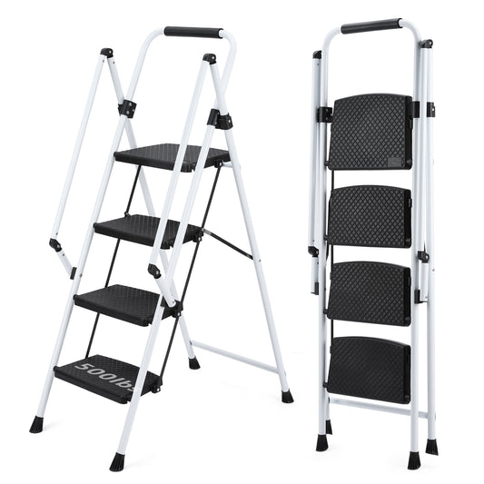 White four-step ladder, light folding four-step stool, wide anti-skid pedal and safety handle, strong steel ladder, multi-purpose ladder, applicable to family, kitchen, office elevator