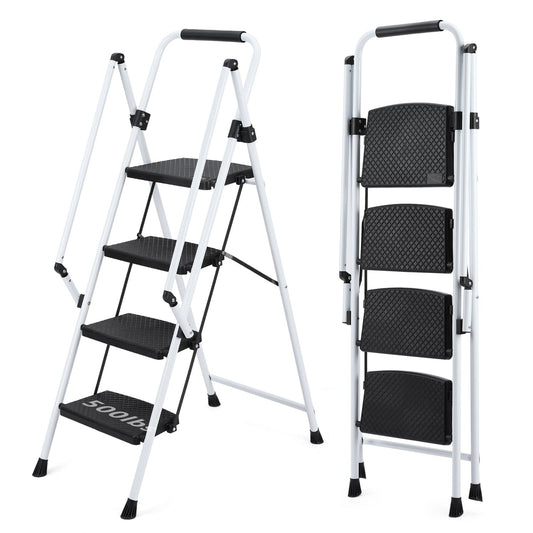 White four-step ladder, light folding four-step stool, wide anti-skid pedal and safety handle, strong steel ladder, multi-purpose ladder, applicable to family, kitchen, office elevator Livingsource