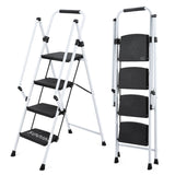White four-step ladder, light folding four-step stool, wide anti-skid pedal and safety handle, strong steel ladder, multi-purpose ladder, applicable to family, kitchen, office elevator Livingsource