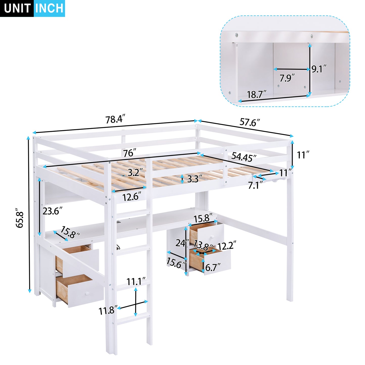 Full Size Loft Bed with Desk, Cabinets, Drawers and Bedside Tray, Charging Station, White