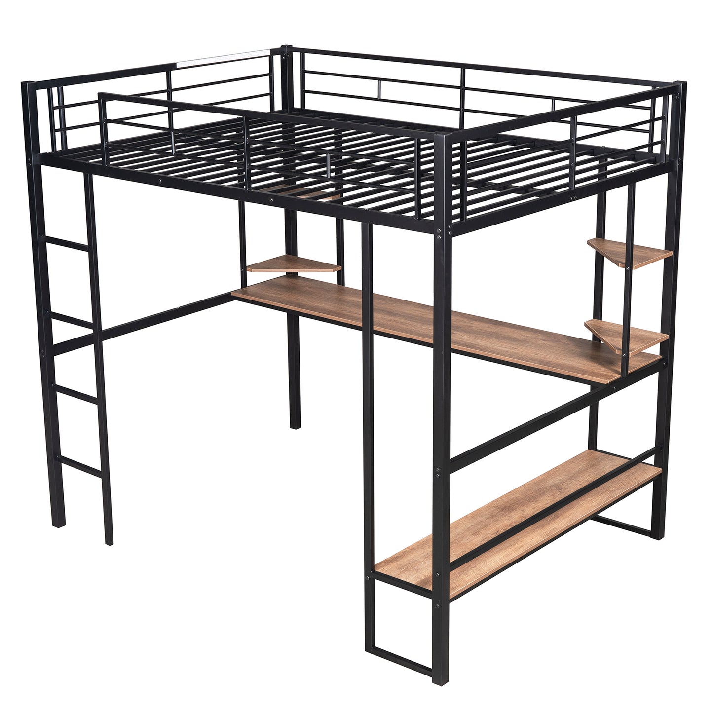 Full Size Loft Metal&MDF Bed with Long Desk and Shelves,Black