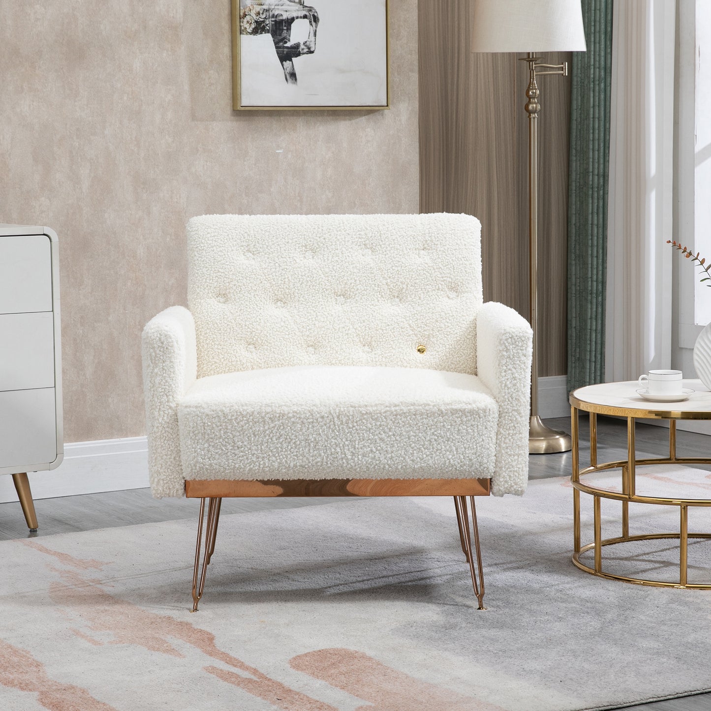 COOLMORE  Armchair Single Sofa Modern Tufted Upholstered Side Reading Chairs with Arm and Gold Metal Leg for Living Room Bedroom (White teddy )