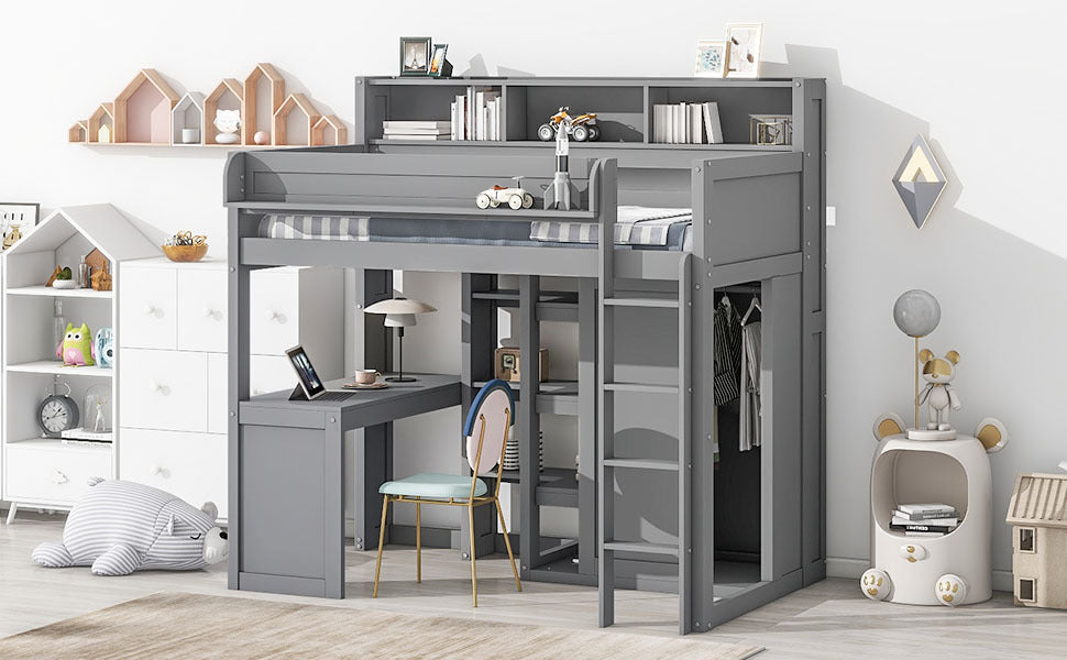 Wood Twin Size Loft bed with Multiple Storage Shelves and Wardrobe, Gray